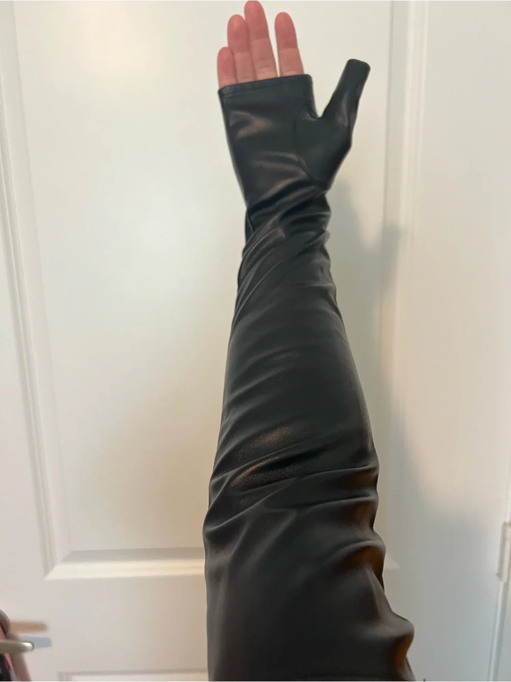 Black Faux Leather Long Gloves - Women
